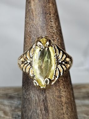 Vintage Style Marquise Cut Lemon Stone Statement Ring | Gold Tone Ornate Band